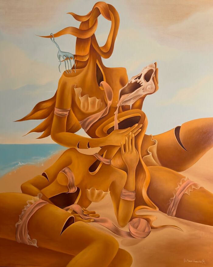 Surreal art by Rita Maikova Zaporozhets featuring intertwined figures on a beach with flowing hair and abstract shapes.