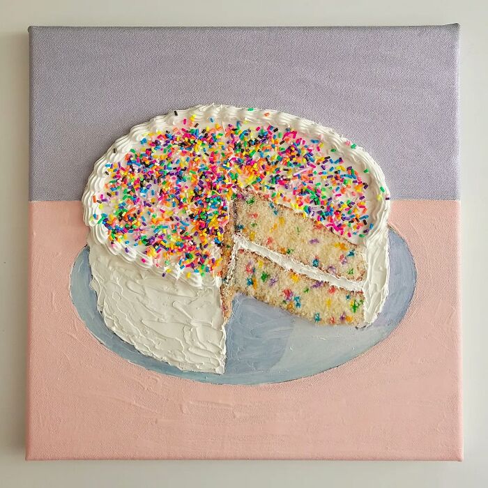 Hyper-realistic embroidered dessert depicting a colorful sprinkle cake slice on canvas.