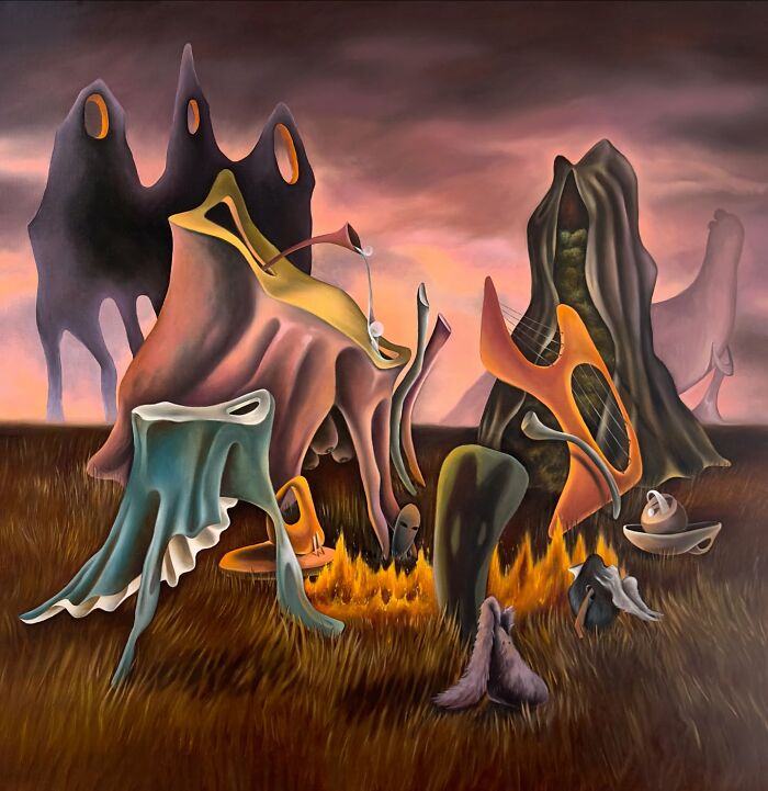 Surreal art by Rita Maikova Zaporozhets depicting abstract forms in a vivid, dreamlike landscape.