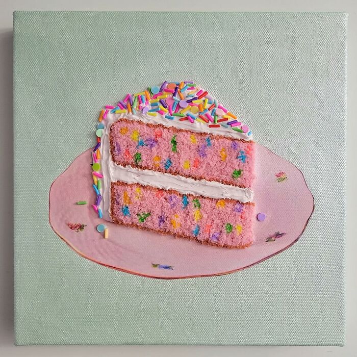 Hyper-realistic embroidered dessert depicting a pink cake slice with sprinkles on a pastel green canvas.