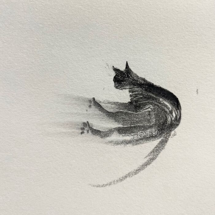 Minimalist drawing of a cat with dynamic lines, showcasing the artist's ability to depict animals with a few strokes.