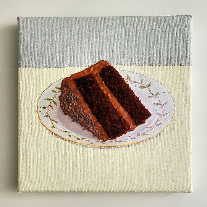 Hyper-realistic embroidered chocolate cake slice on decorative plate.
