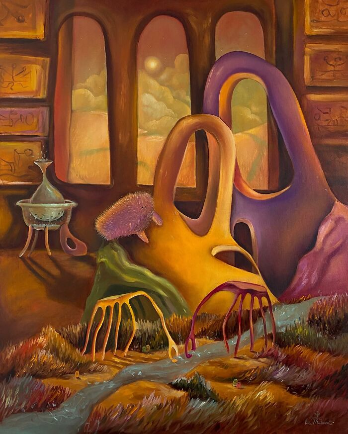 Surreal landscape artwork by Rita Maikova Zaporozhets featuring abstract shapes and warm colors.