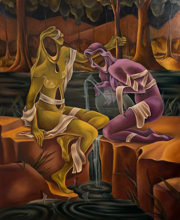 Abstract painting by Rita Maikova Zaporozhets featuring two surreal figures amidst a mystical landscape.