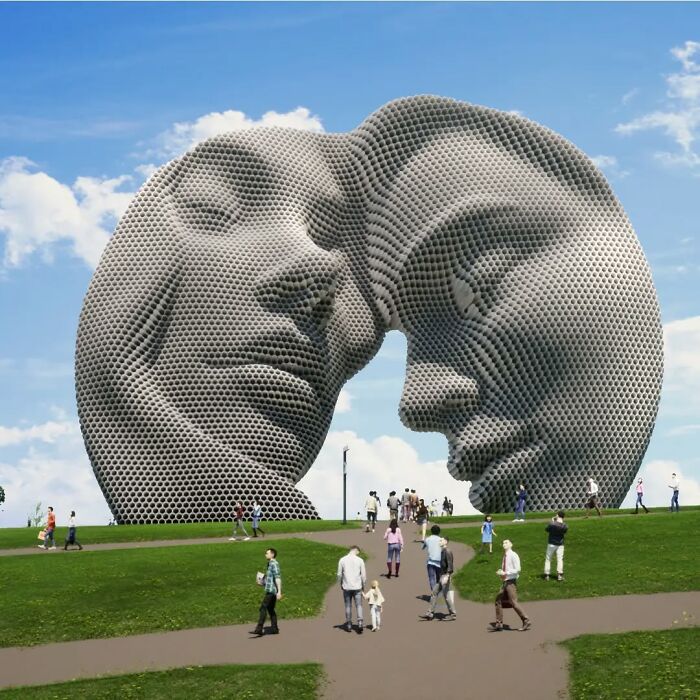 Metal pipe sculpture by Yi Chul Hee depicting two large intertwined faces in a park setting.