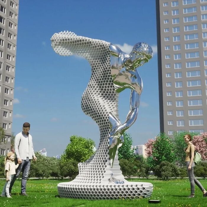 Metal pipe sculpture in a park setting with onlookers, showcasing intricate design and artistry by Yi Chul Hee.