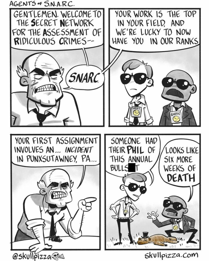 Comic showing "Skull Pizza" characters in trench coats discussing a crime investigation in Punxsutawney, PA, with humor.