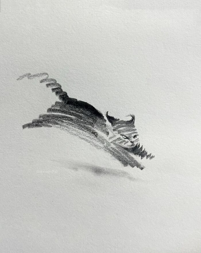 Minimalist animal drawing with a few strokes, showing a tiger leaping, full of personality.