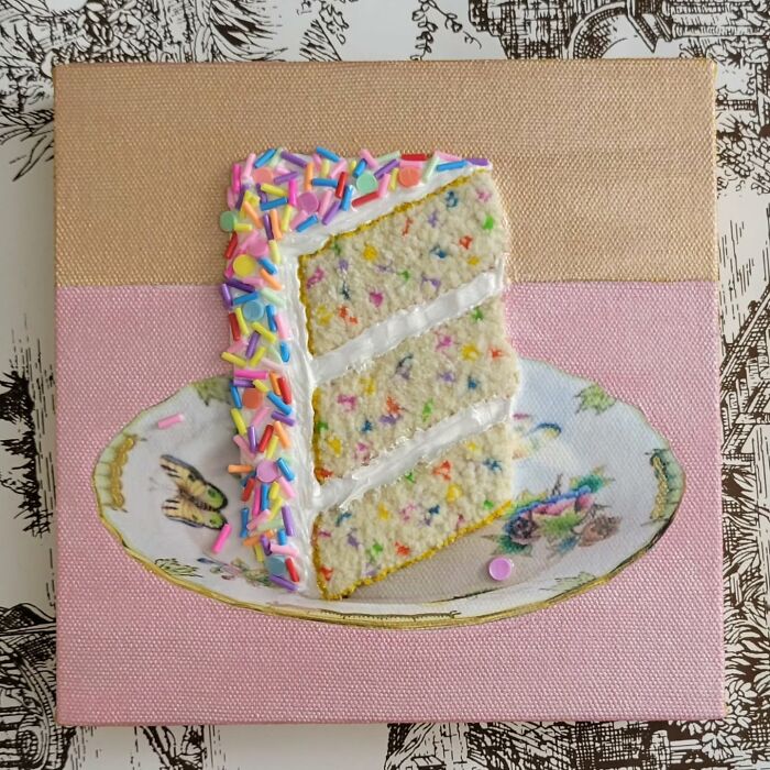 Hyper-realistic embroidered dessert art depicting a sprinkled cake slice on a decorative plate.