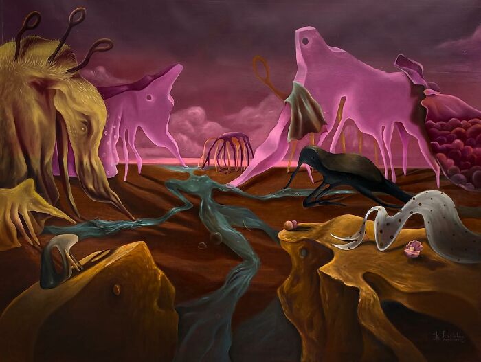Surreal landscape painting by Rita Maikova Zaporozhets, featuring abstract pink and brown creatures with a flowing river.