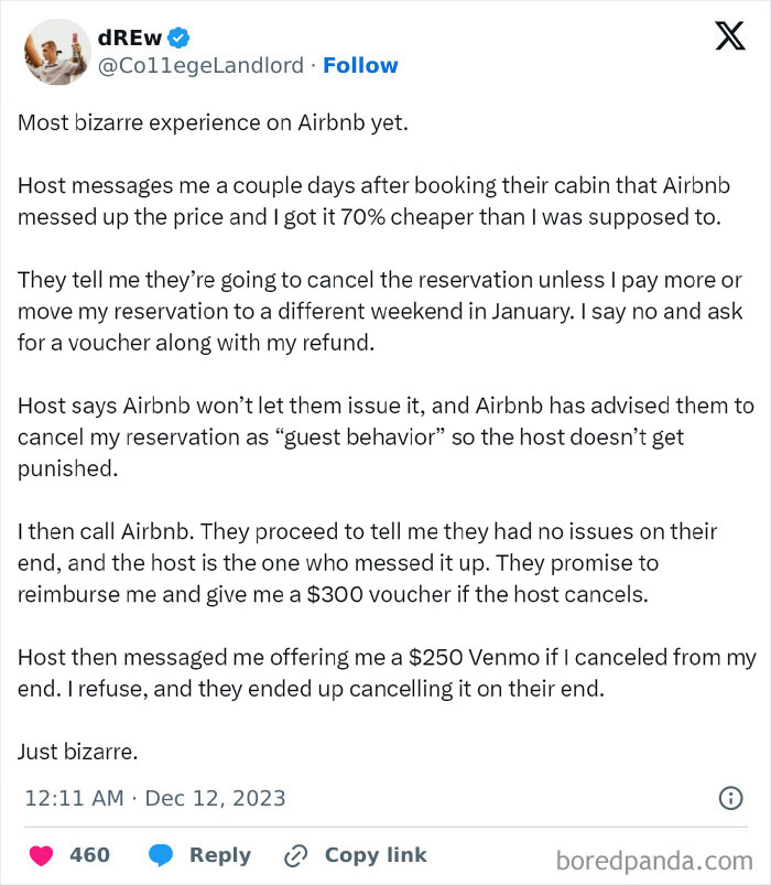 Screenshot of a tweet describing an infuriating cancelled reservation experience on Airbnb.