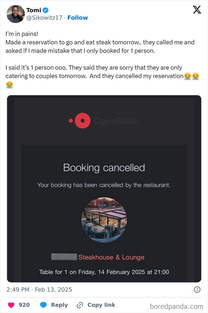 Tweet about an infuriating cancelled reservation at a steakhouse for Valentine's Day.
