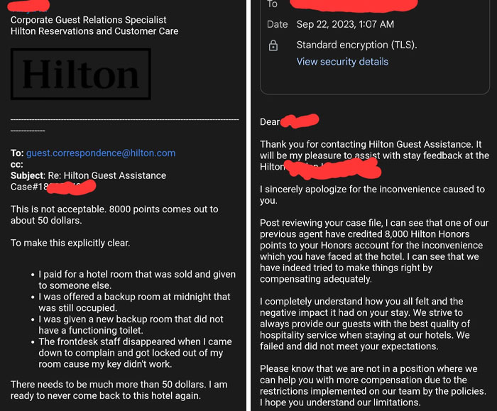 Email exchange about infuriating cancelled reservations with Hilton, discussing inadequate compensation for booking issues.