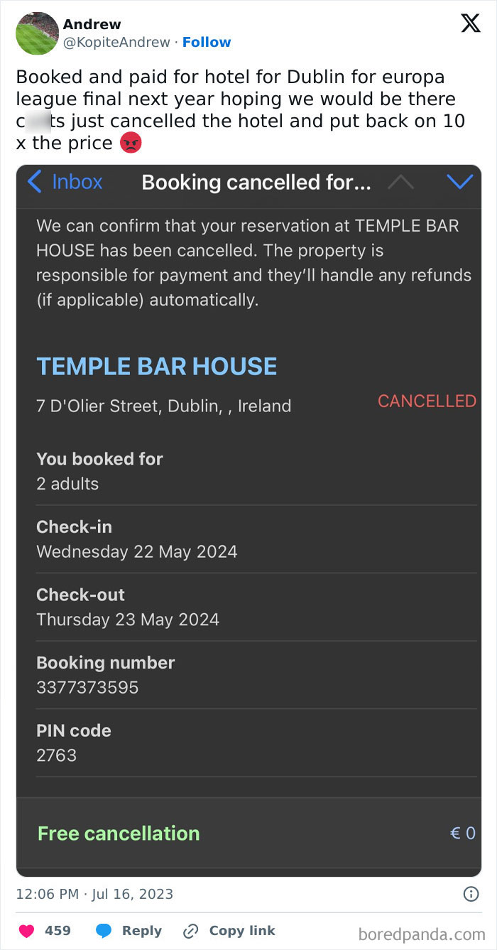 Tweet about infuriating cancelled reservations for a Dublin hotel booking, marked cancelled with details shown.