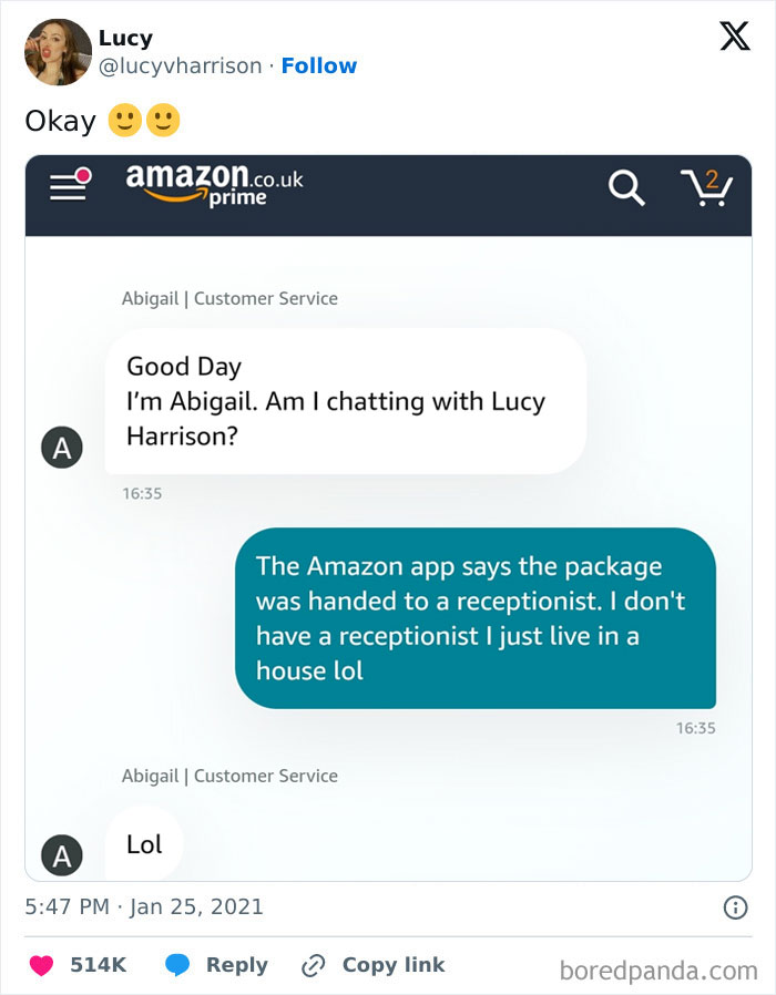 Customer support chat showing a humorous and useless interaction about a nonexistent receptionist and package delivery confusion.