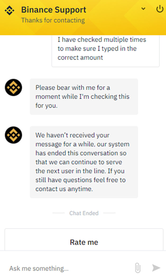 Chat screenshot showing a Binance support interaction with a delayed response and chat ended message in customer support.
