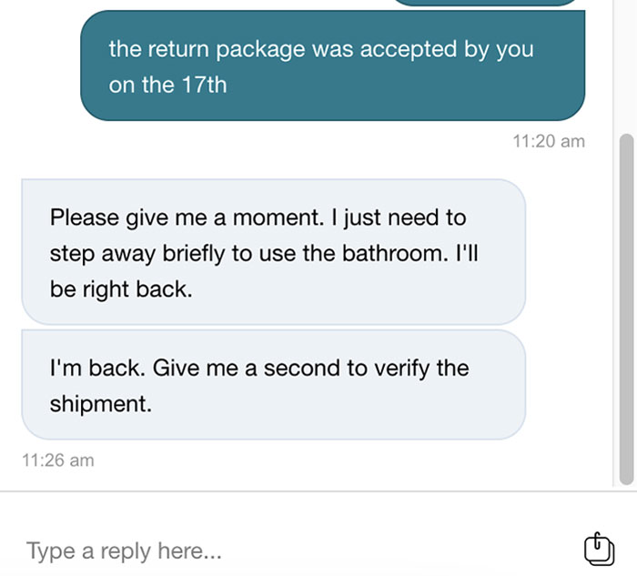 Customer support chat showing an agent briefly stepping away during a shipment verification conversation.