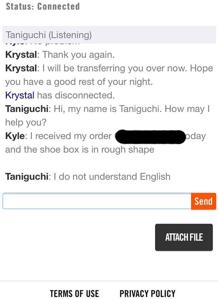 Chat screenshot showing a hilariously useless customer support interaction about a damaged shoebox and language barrier.