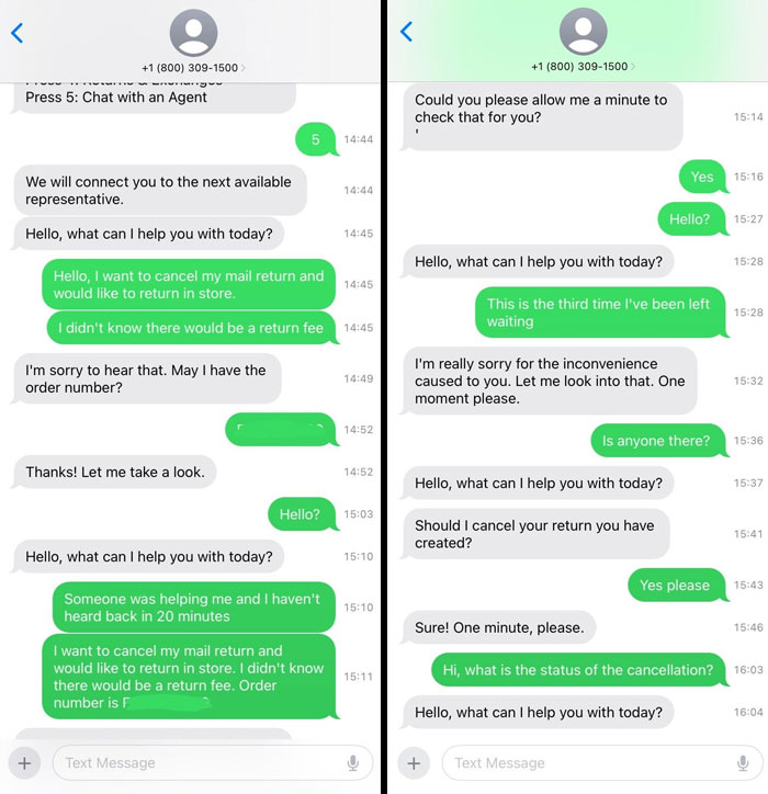 Text message conversation showing a frustrating and useless customer support interaction with long wait times and repeated replies.