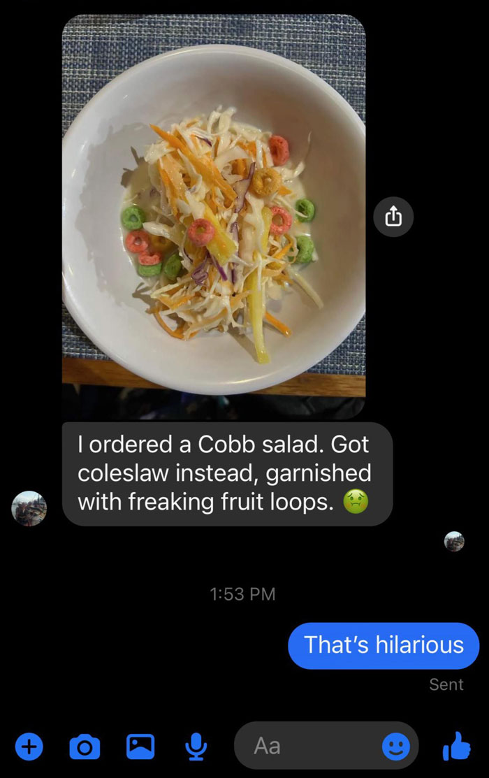 Coleslaw with fruit loops in a bowl, highlighting infuriating food scams.