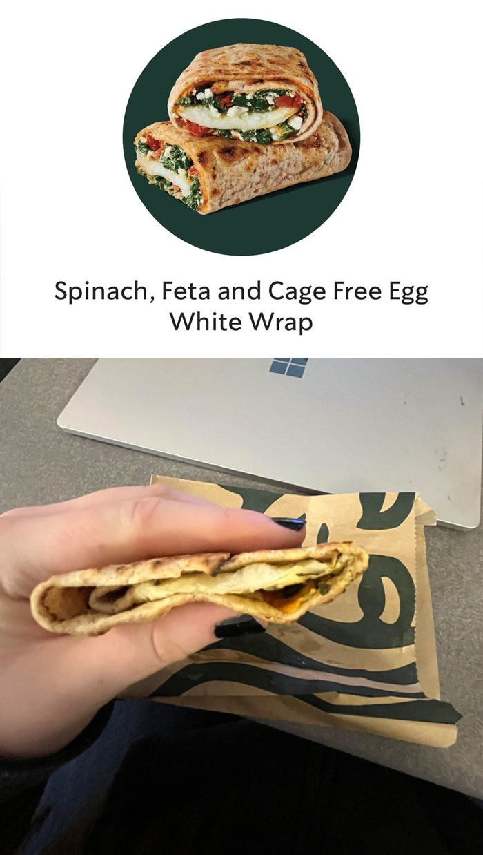 Close-up of a spinach and egg wrap revealing sparse filling, illustrating food scams.