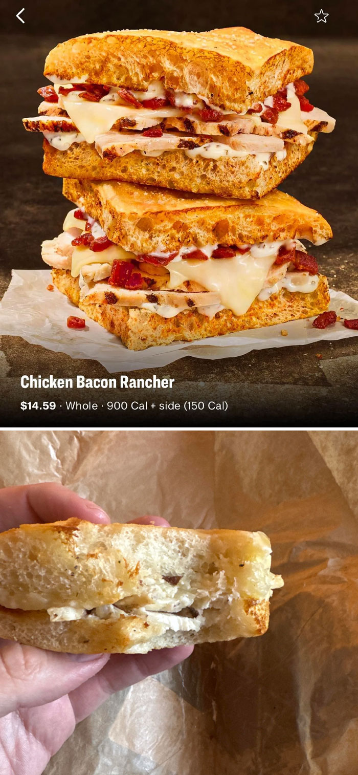 "Infuriating food scams: comparison of a stacked Chicken Bacon Rancher sandwich and a disappointing actual serving."