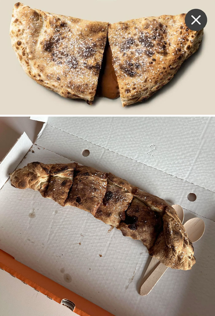 Two pastries compared; a round one and a small, rectangular one with visible infuriating food scams evidence.