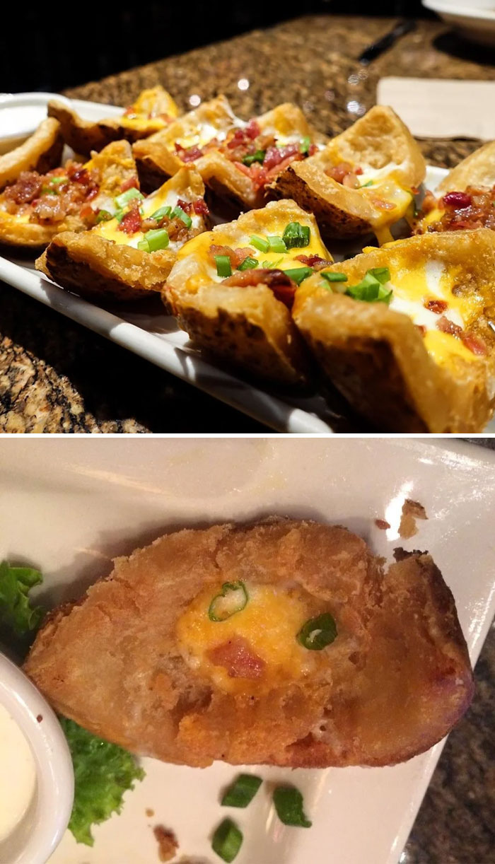 Plate of loaded potato skins next to a single disappointing piece, highlighting food scams.