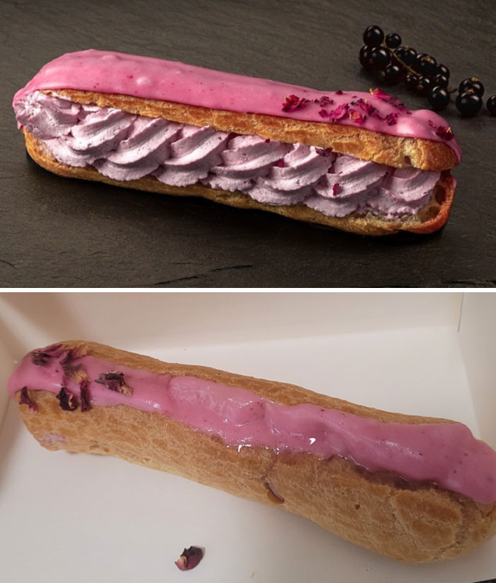 "Disappointing eclair with minimal pink frosting and sparse filling, illustrating food scam."