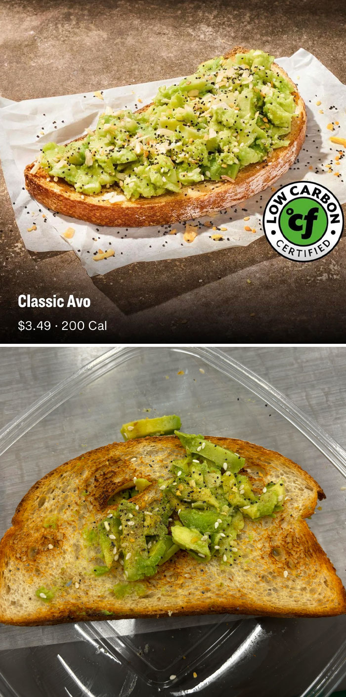 Infuriating food scams: misleading avocado toast advertisement vs. actual serving comparison.