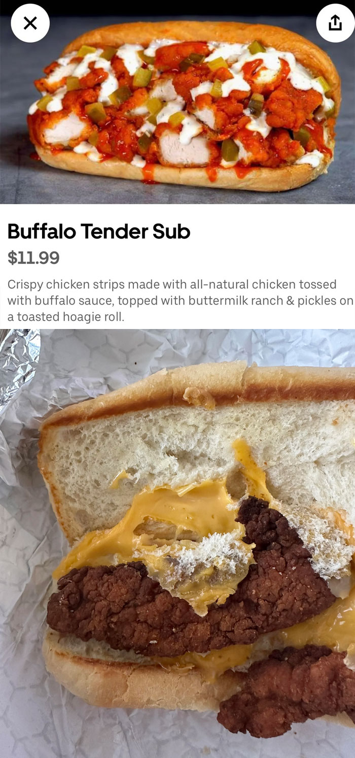 Buffalo Tender Sub food scam highlighting discrepancy between advertised and actual sandwich appearance.