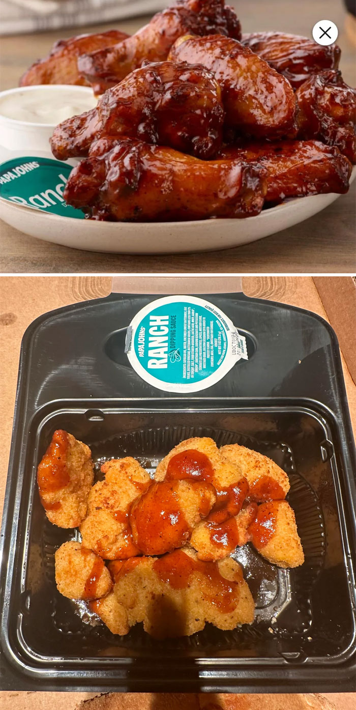 Plate of glazed chicken wings compared to box of smaller coated chicken pieces, highlighting food scams.
