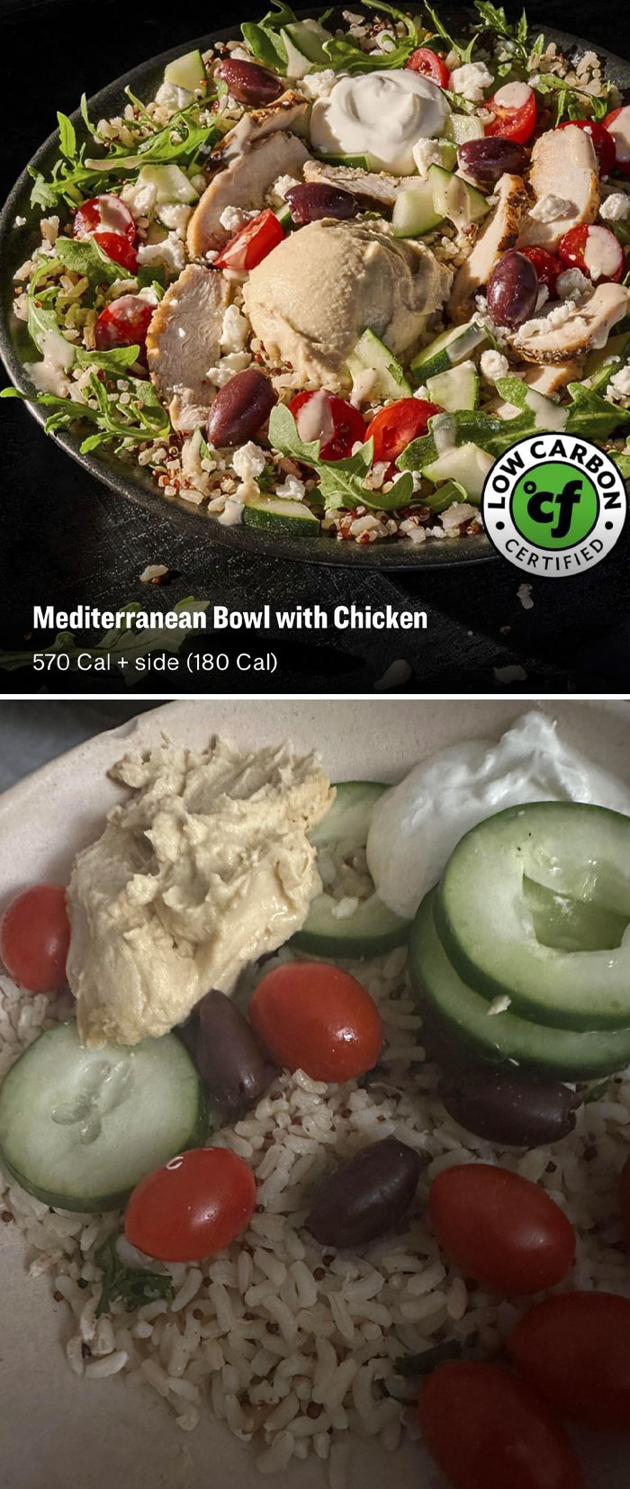 Mediterranean bowl with chicken and low carbon label compared to a simpler serving; highlights food scams.
