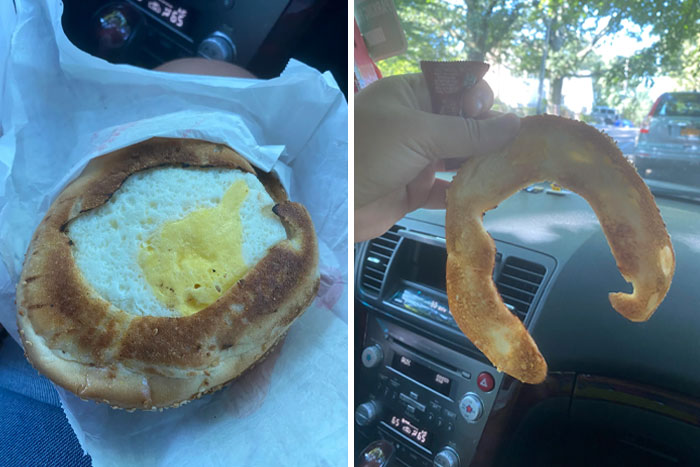 Bagel with missing center, highlighting food scams, in a car setting.