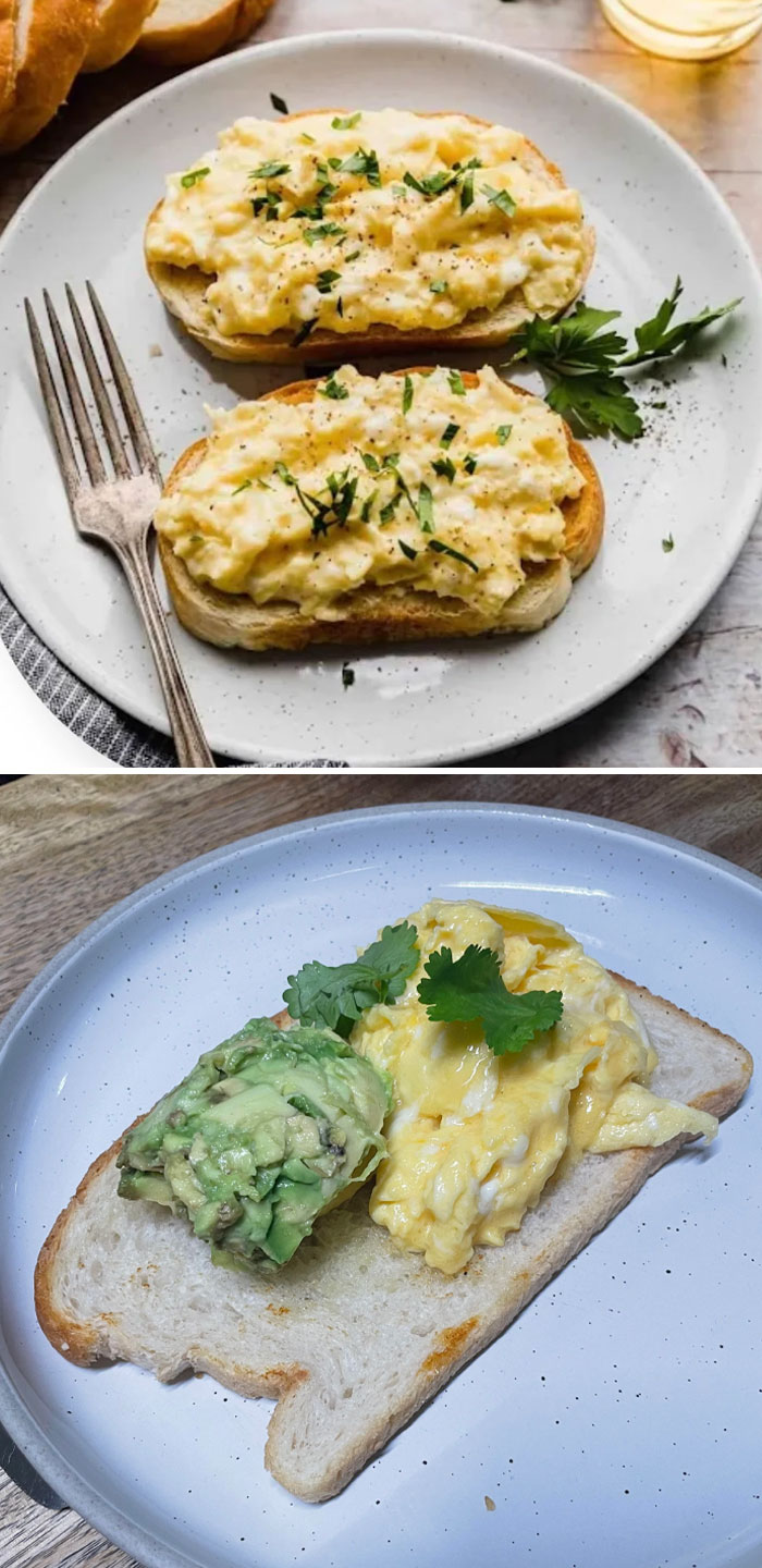 Scrambled egg toast, top view. One with herbs, another with avocado. A look at possible food scams.