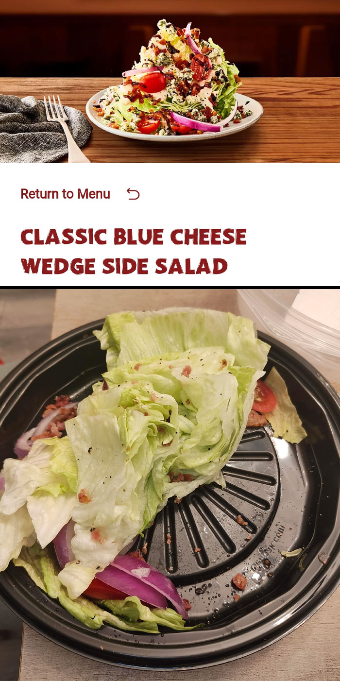 "Infuriating food scam: advertised blue cheese salad vs. disappointing real portion on black tray."