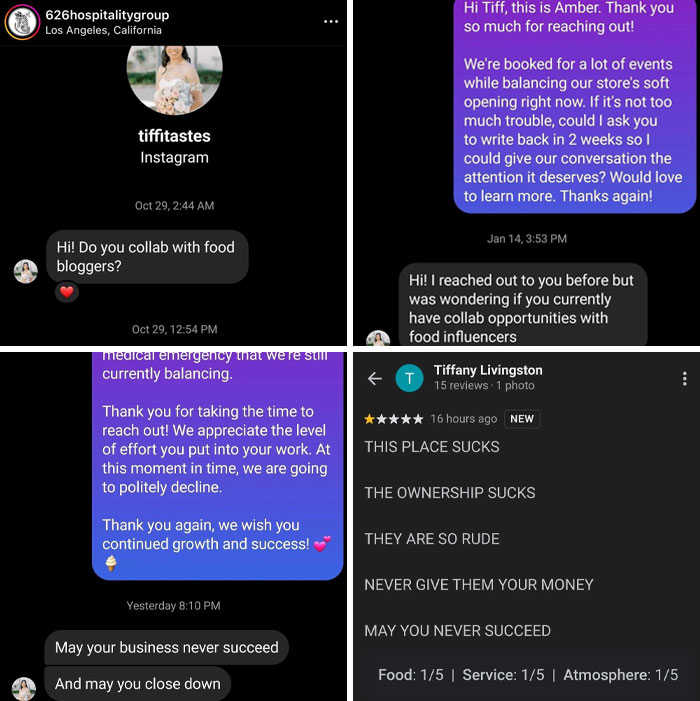 Entitled influencers seeking collaboration, facing polite decline, and posting negative reviews online.