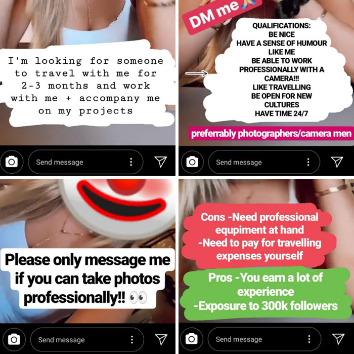 Social media posts from influencers with demanding travel job offer details and conditions.