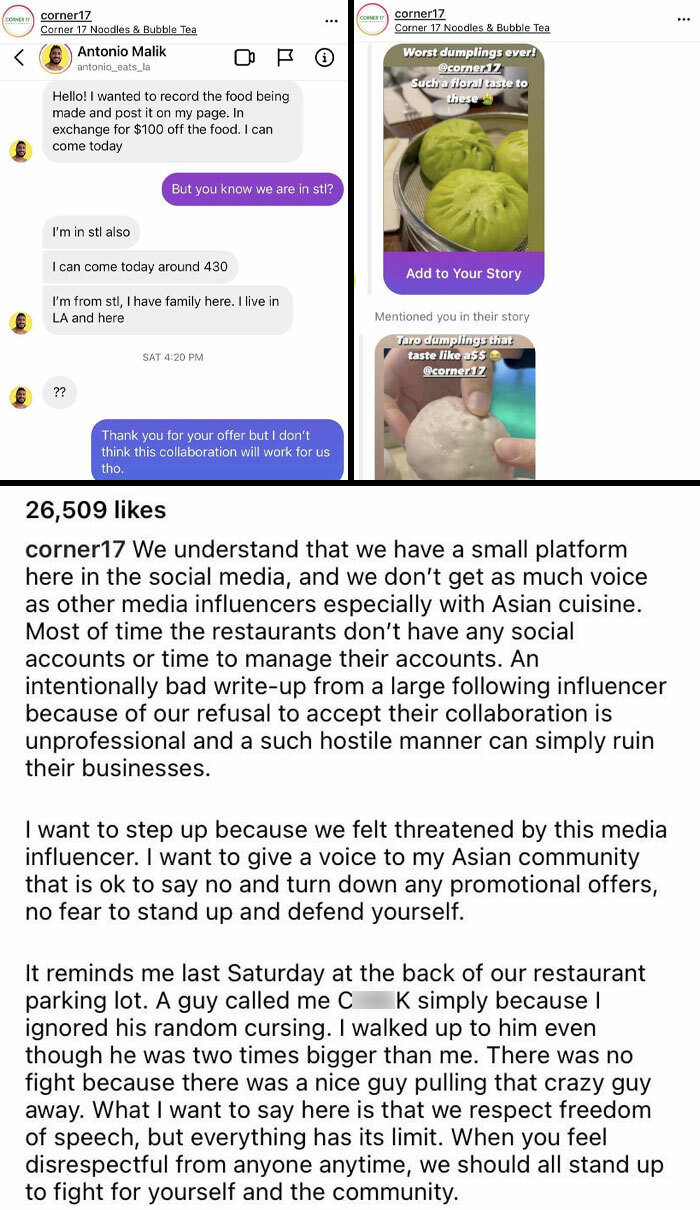 Screenshot of a conversation and review involving entitled influencers seeking free food in exchange for promotion.