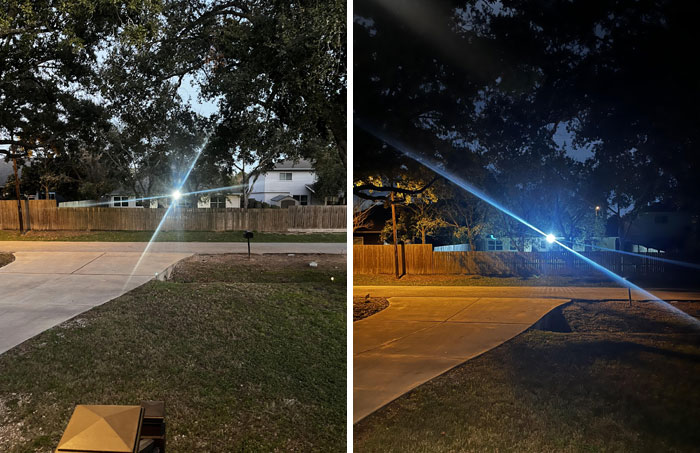 Bright lights from terrible neighbors illuminating the yard at night.
