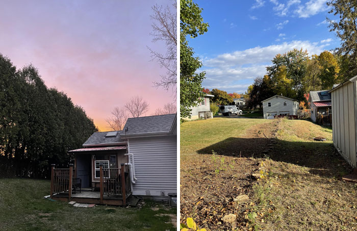 Split image showing a small porch with clutter in a backyard and an unkempt, patchy lawn in a suburban neighborhood of neighbors.