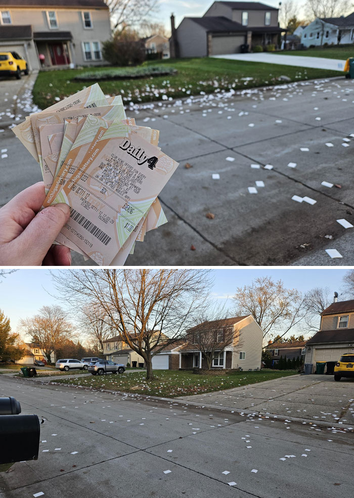 Hand holding lottery tickets with a suburban street covered in scattered paper trash showing horrific neighbor behavior.