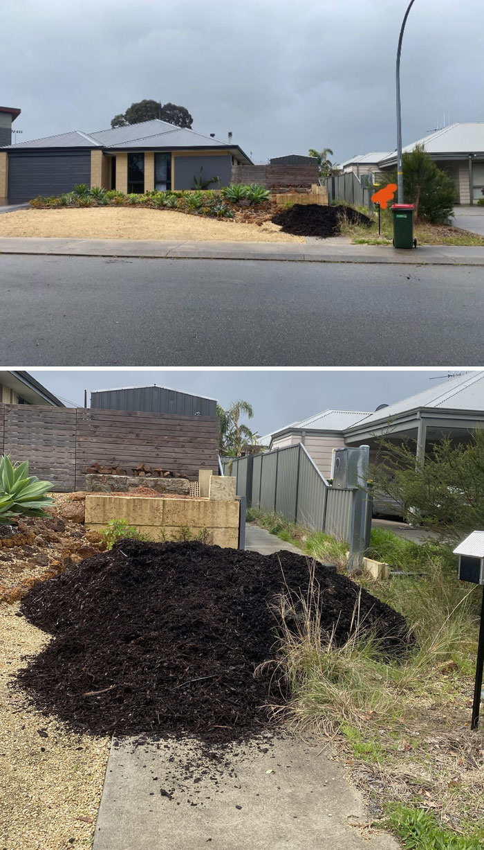 Large pile of mulch blocking a sidewalk, depicting terrible neighbors issue in a suburban neighborhood.