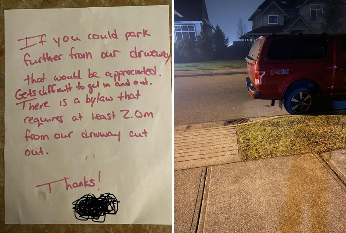 Note with parking request and red truck blocking driveway, illustrating terrible neighbors.