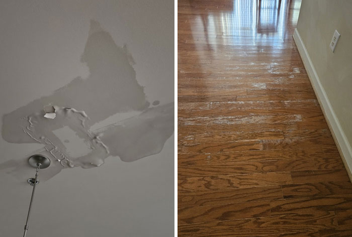 Water-damaged ceiling and scratched hardwood floor showing neglect by neighbors needing shaming for horrific behavior