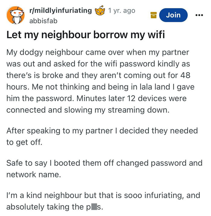 Text post about a frustrating experience with terrible neighbors overusing WiFi after borrowing the password.