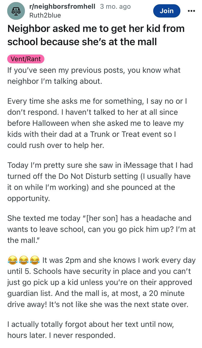 Text exchange describing unreasonable request from a terrible neighbor to pick up her child from school.