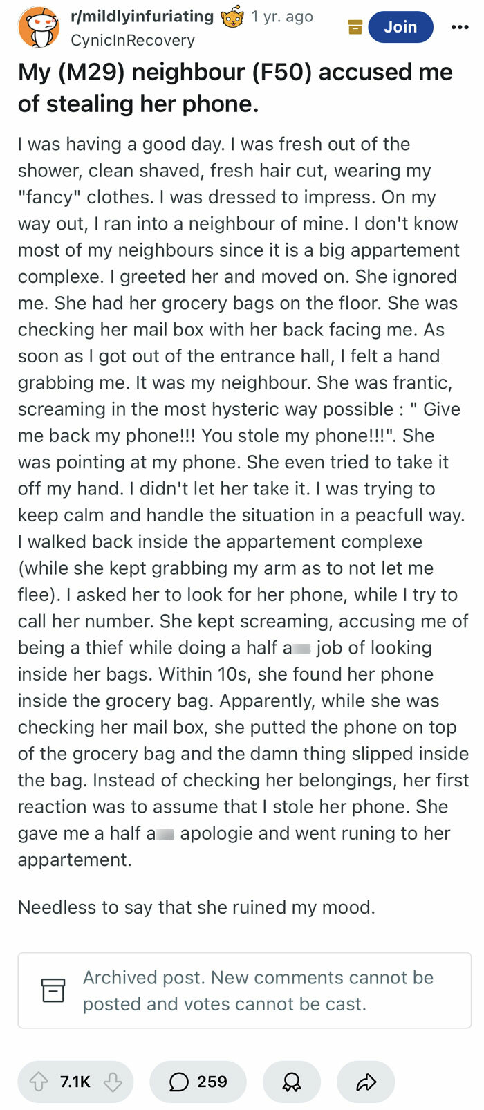 Reddit post about a neighbor wrongly accusing someone of theft, illustrating a story of terrible neighbors.