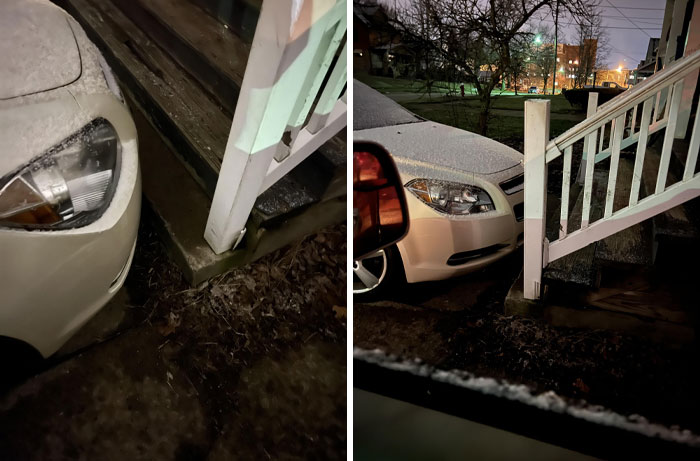 Car parked dangerously close to a porch stair railing, showcasing a shocking example of horrific neighbor behavior at night.