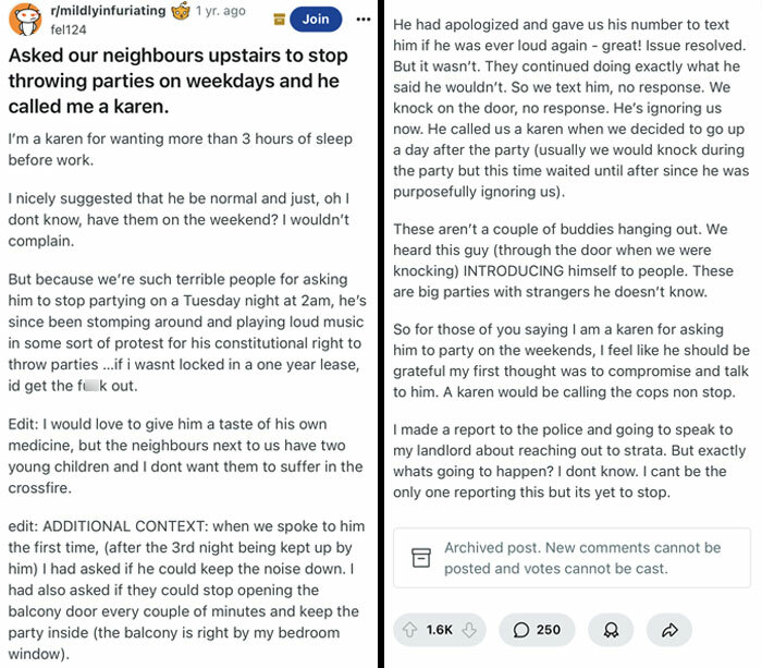 Reddit post about infuriating terrible neighbors throwing noisy parties and ignoring complaints.